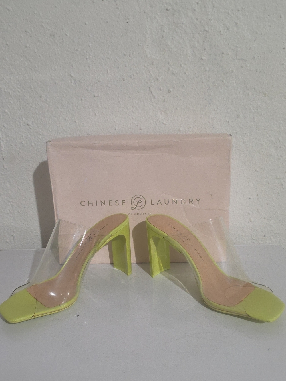 Chinese Laundry JAZZZ Neon Lime Clear Block Heel Mules